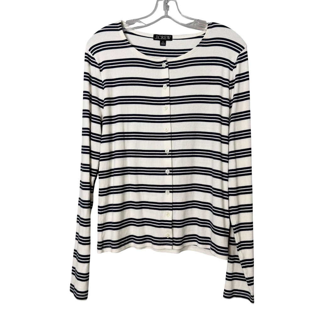 J. Crew Fine Rib Knit Cardigan Womens XL Navy Stripe Preppy Fitted Lightweight